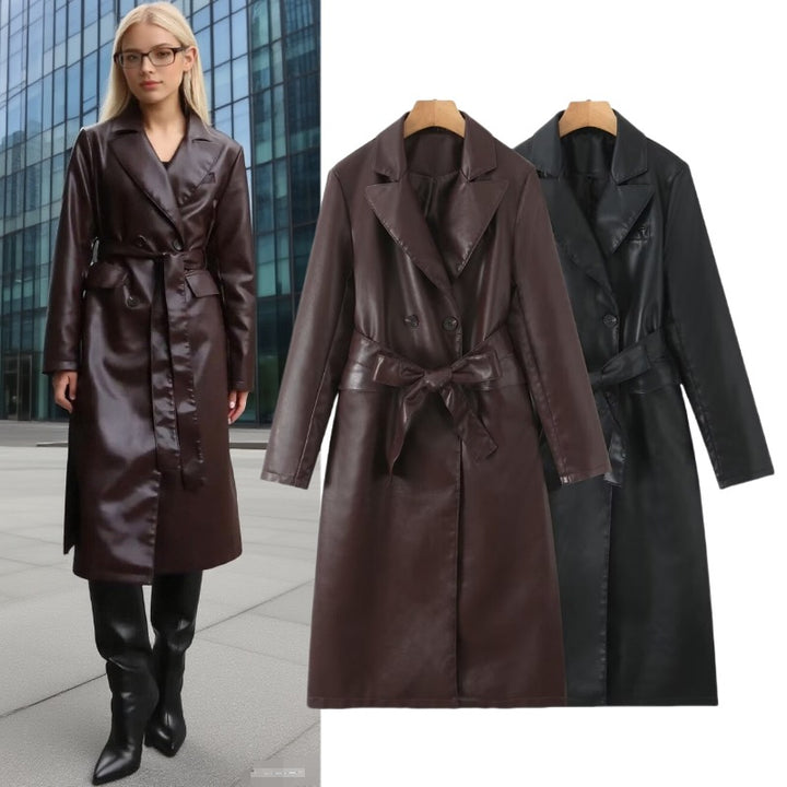 Women's faux leather trench coat with belted waist and double-breasted buttons Lune London