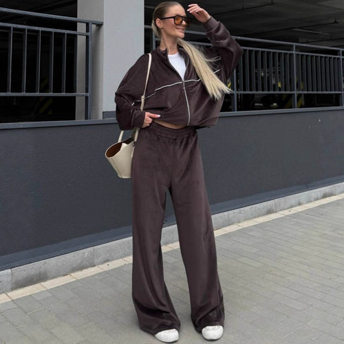 Lune London women's sporty velour lounge set with full zip and wide pants