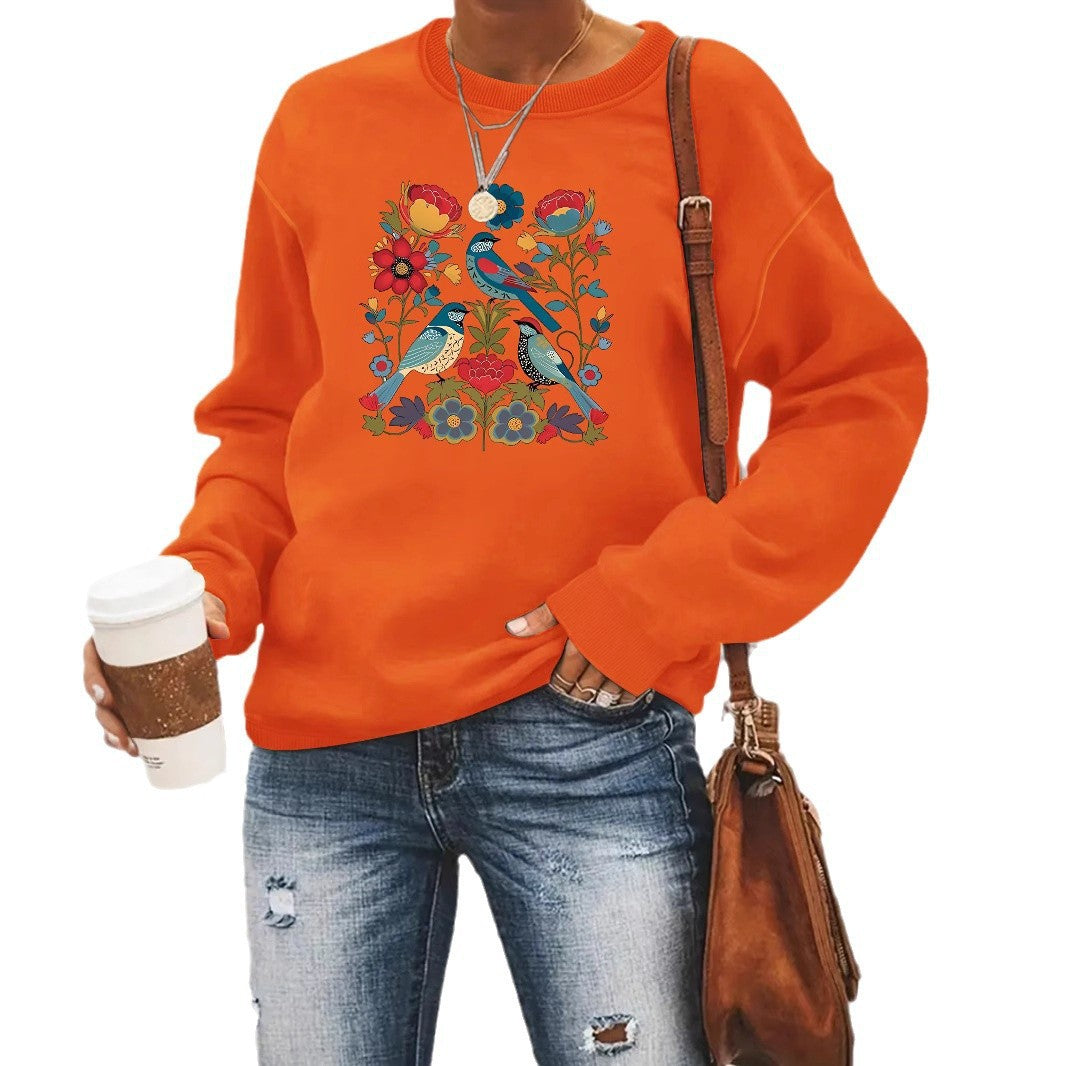 Sweatshirt pour femme avec motif floral d'oiseau et coupe décontractée Chic & Stil