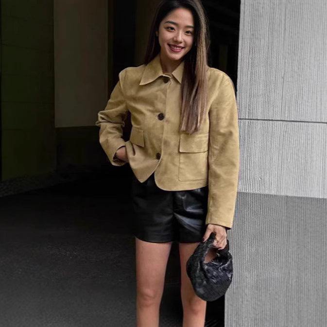 Suede jacket for women with modern button details and applied pockets Lune London