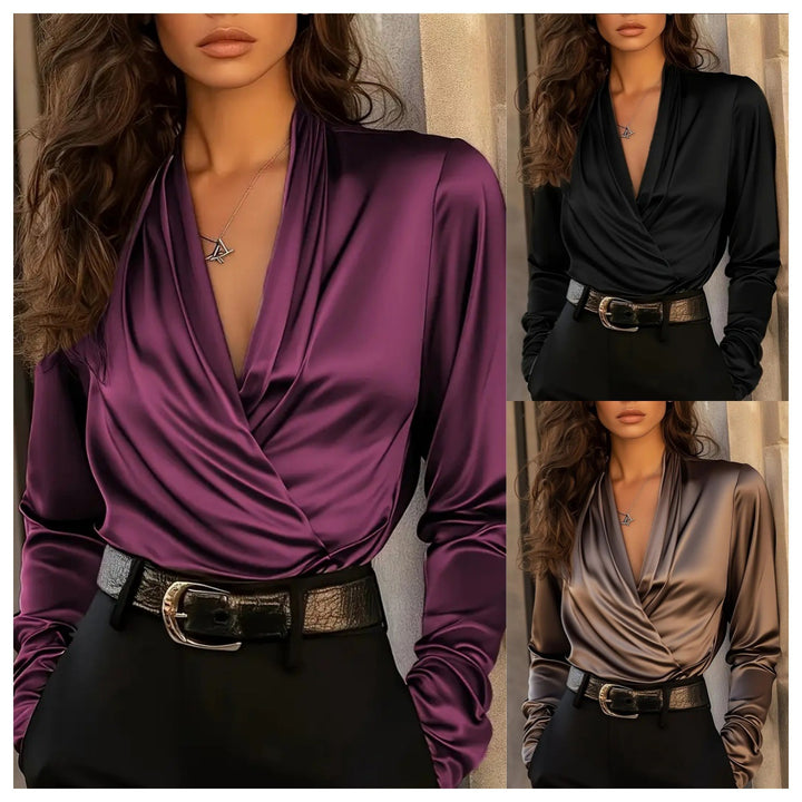 Women's elegant satin blouse with wrap design and deep V-neck Lune London