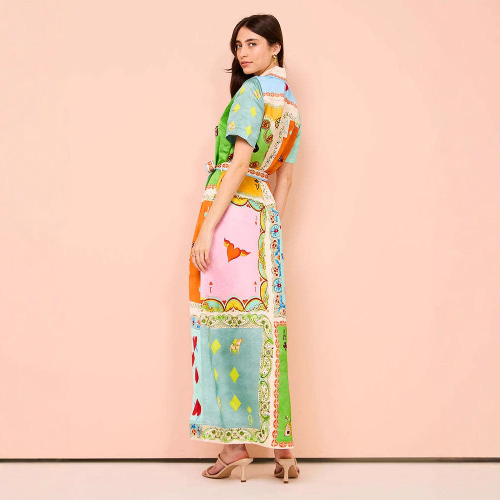 Maxi dress women in patchwork with colorful patterns and a belt at the waist Chic & Stil