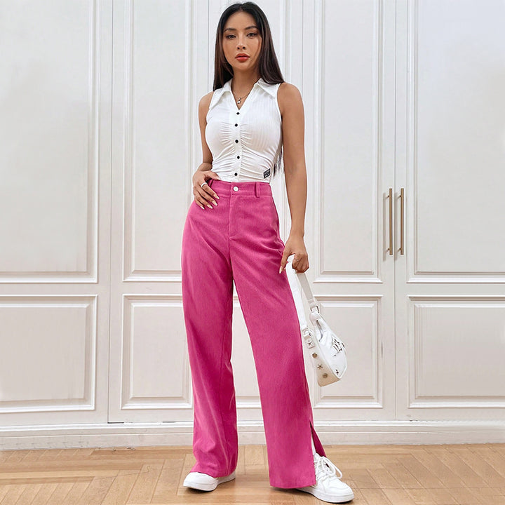 Pantalon large en velours côtelé pour femmes avec fente élégante Chic & Stil