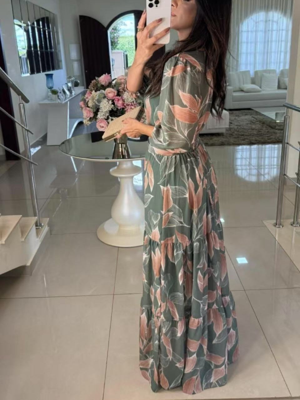 Maxi dress for women with floral design and light V-neck Lune London