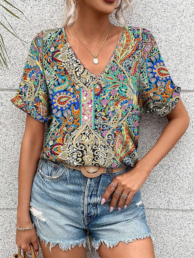 Women's V-neck T-shirt with colorful paisley pattern Lune London
