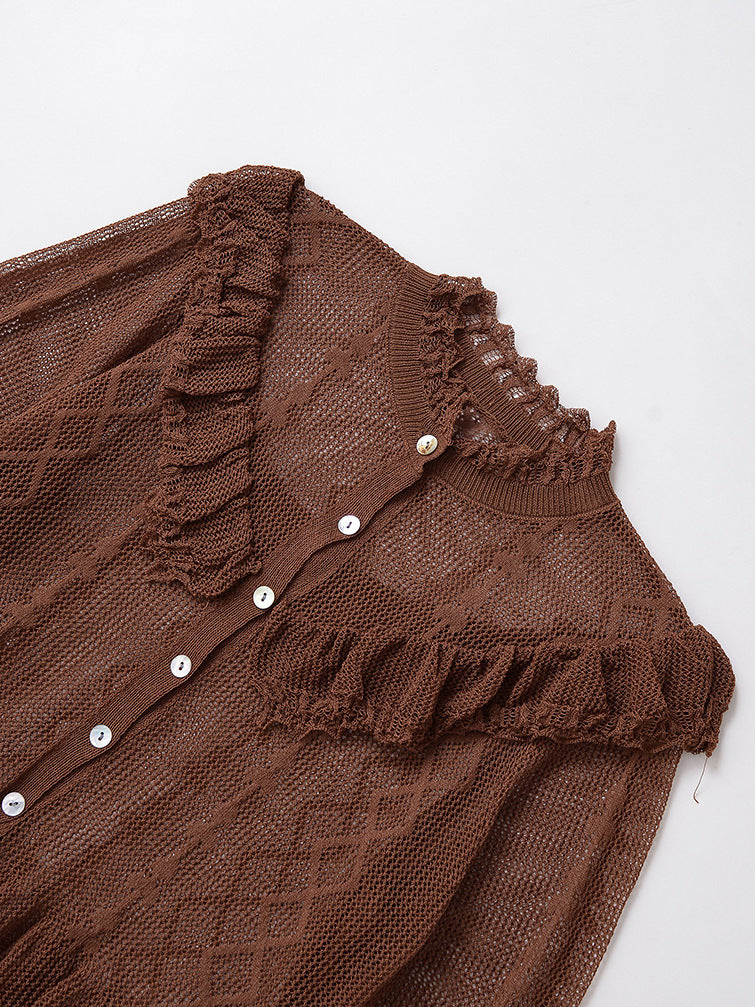 Ladies fine cardigan with ruffle details and button placket Lune London
