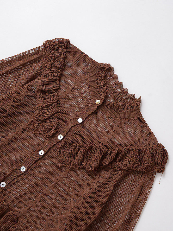 Ladies fine cardigan with ruffle details and button placket Lune London