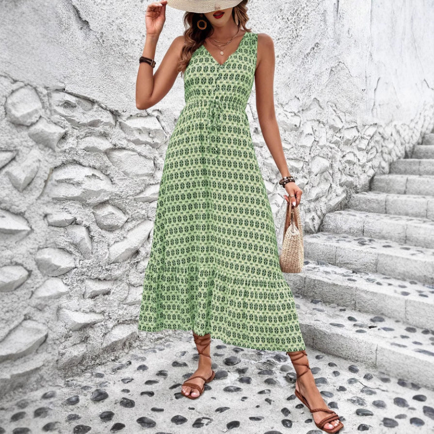 Chic and Style Women's Sleeveless Bohemian Maxi Dress with Tied Belt