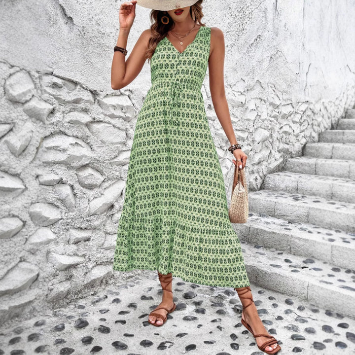 Chic and Style Women's Sleeveless Bohemian Maxi Dress with Tied Belt