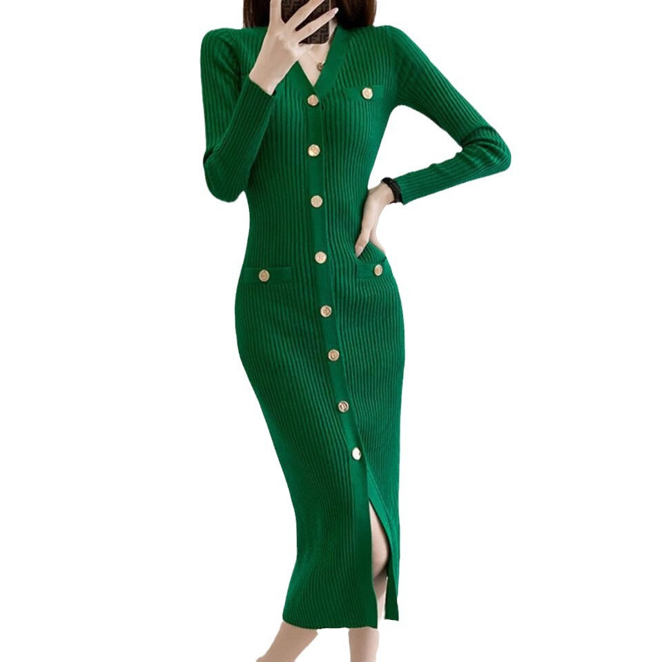 Knit dress for women with button placket and deep slit Lune London