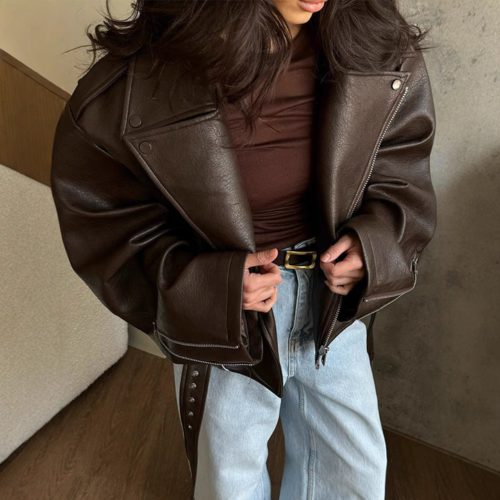Trendy women's biker jacket with wide collar and belt at the waist Lune London
