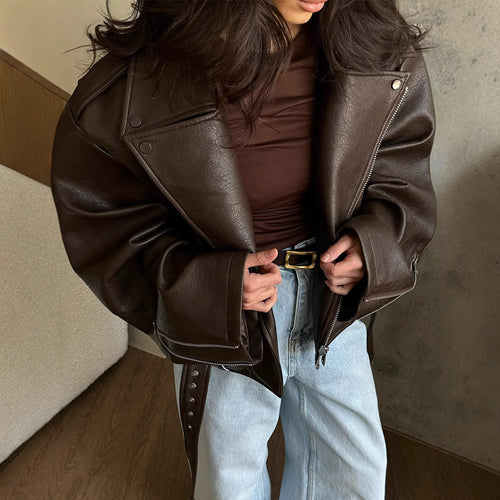 Trendy women's biker jacket with wide collar and belt at the waist Lune London