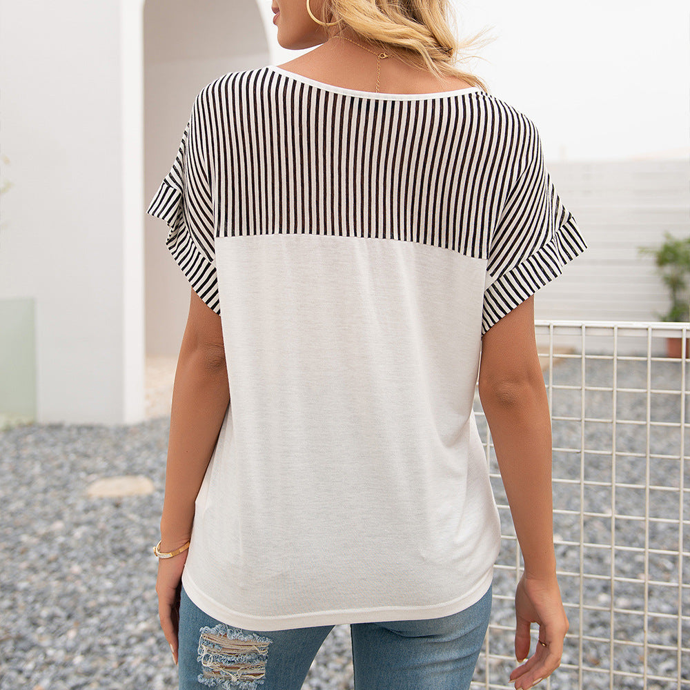 Casual women's T-shirt with a V-neck, striped sleeves, and a loose fit Lune London