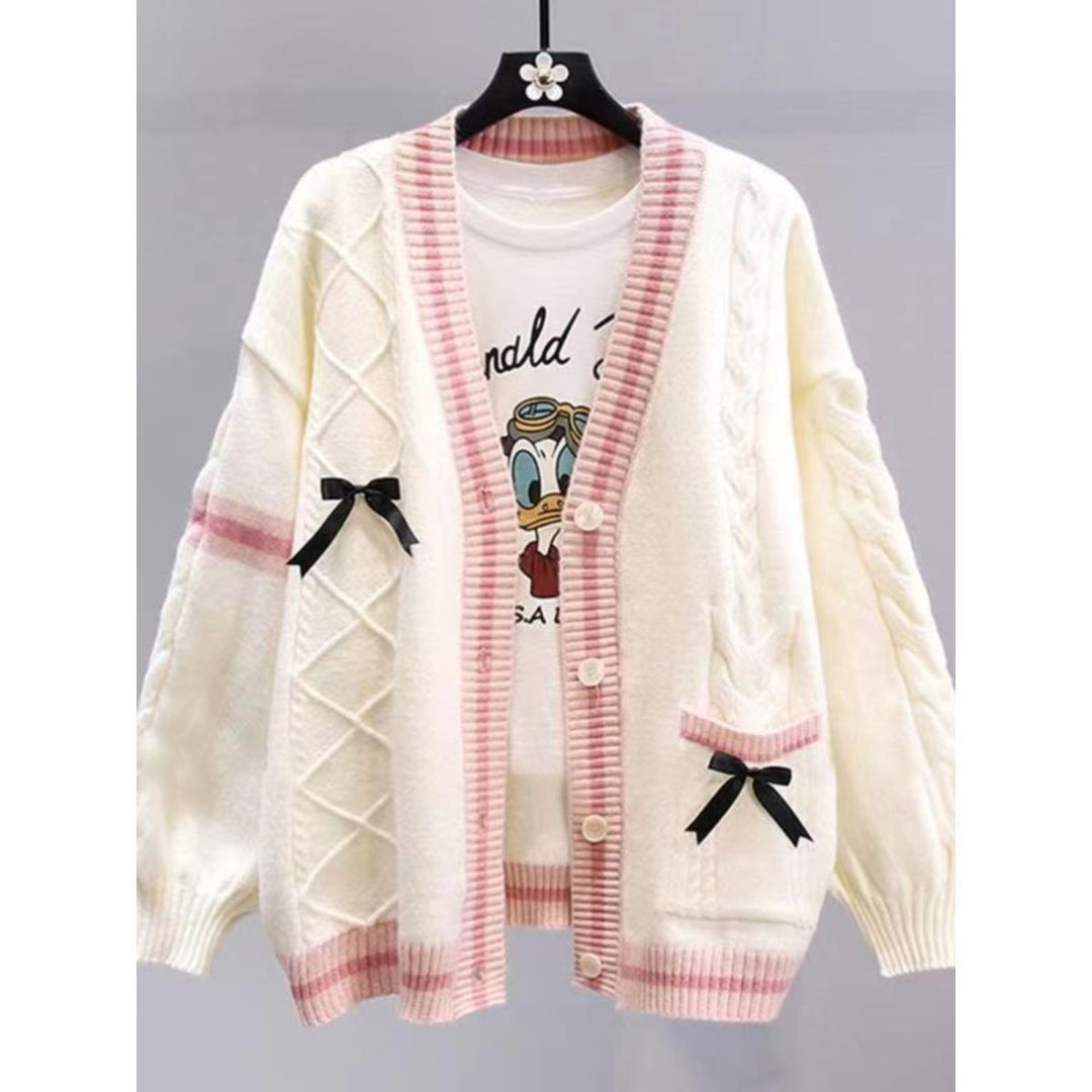 Cardigan tricoté à la mode pour femmes avec motif en couture et nœuds décoratifs