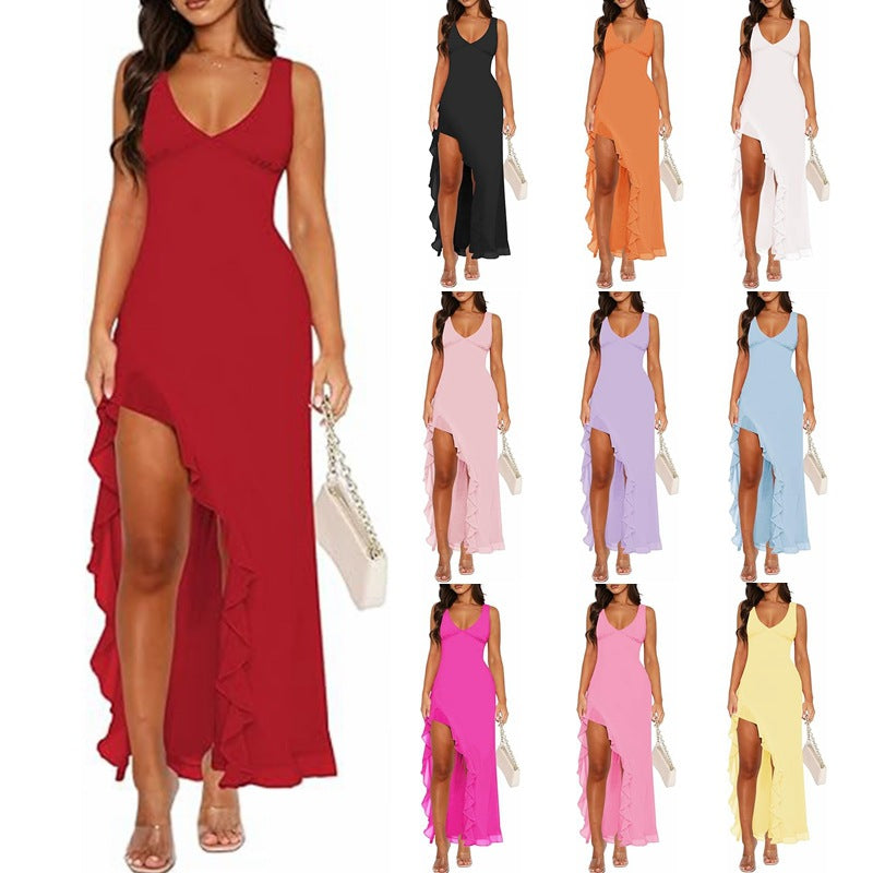 Women's maxi dress with asymmetric hem and ruffle details Lune London