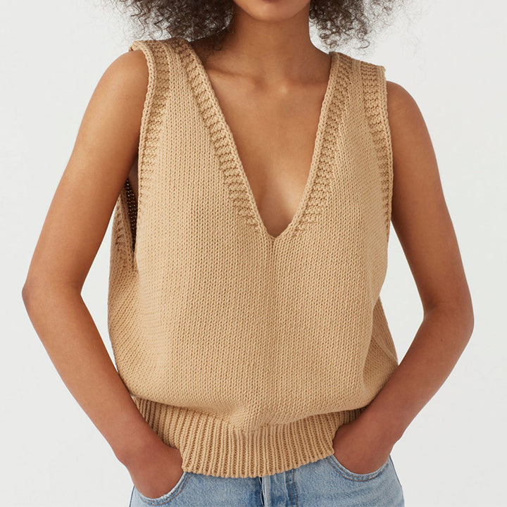 Women's stylish knit top with deep V-neck and wide straps Lune London
