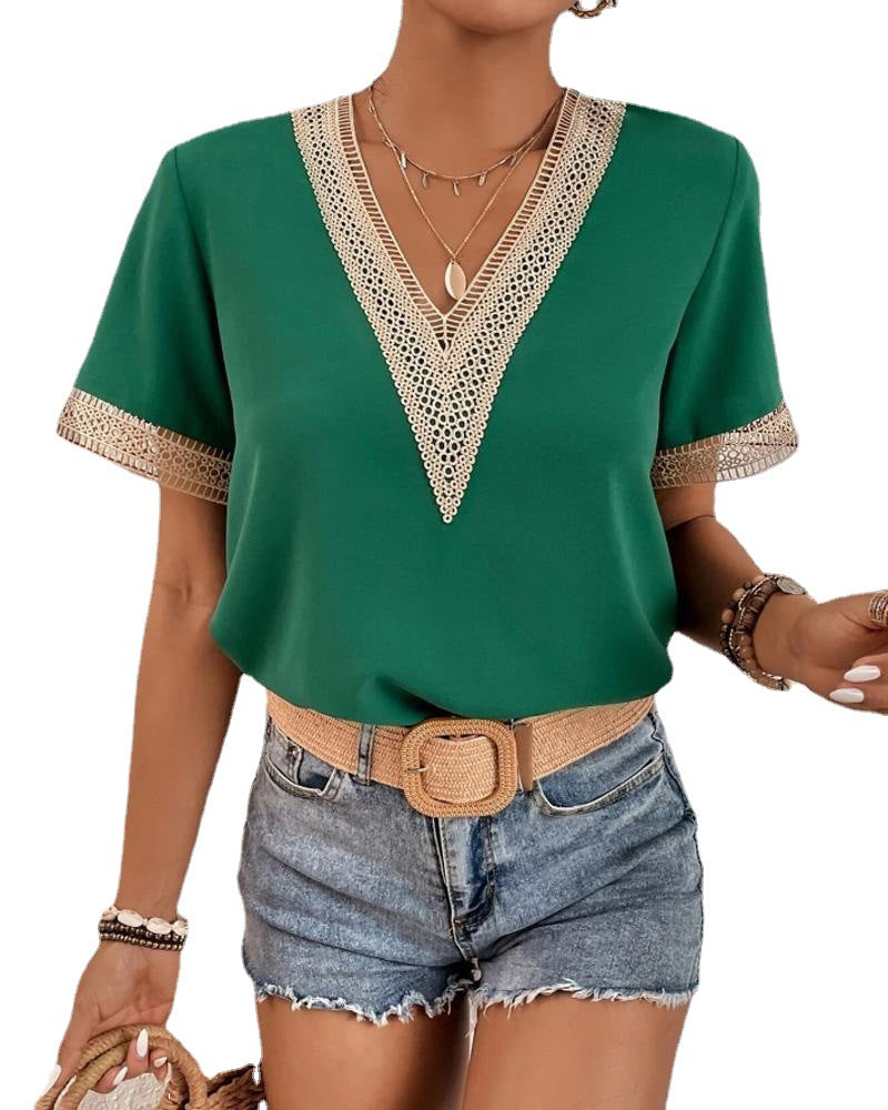 Elegant V-neck blouse with lace for women Lune London