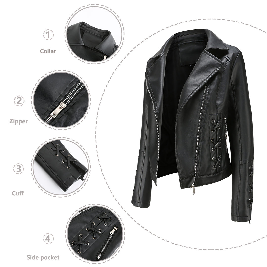Ladies elegant biker jacket in faux leather with decorative lace details Lune London