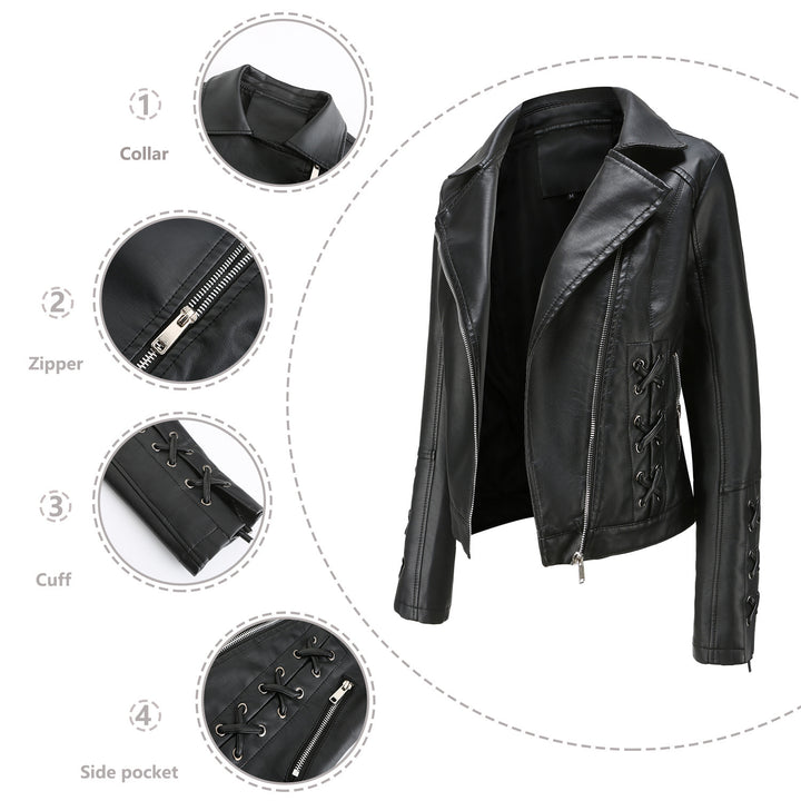 Ladies elegant biker jacket in faux leather with decorative lace details Lune London