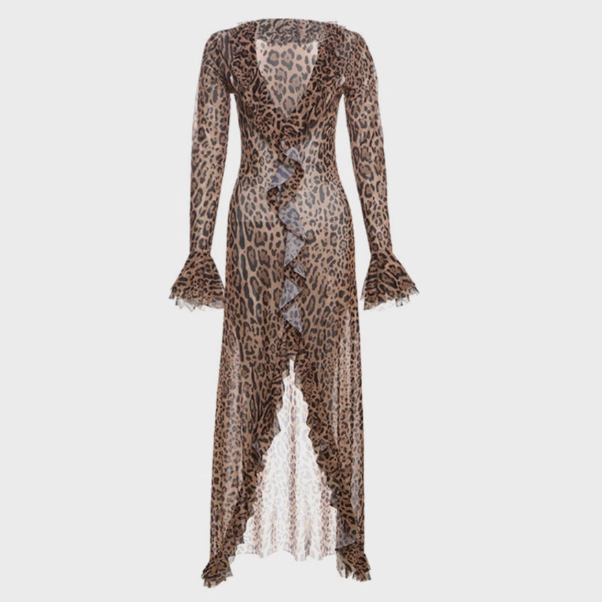 Lune London Leopard Print Maxi Dress for Women with Ruched Sleeves