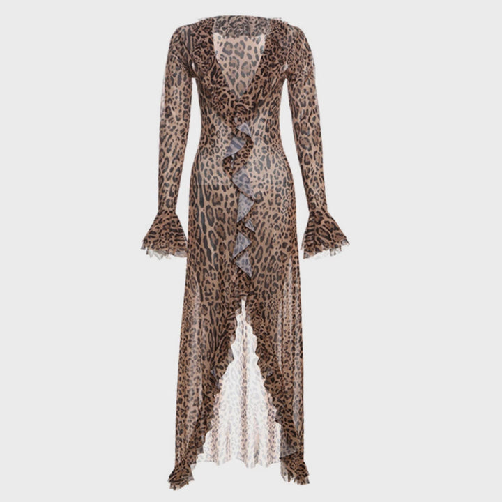 Lune London Leopard Print Maxi Dress for Women with Ruched Sleeves