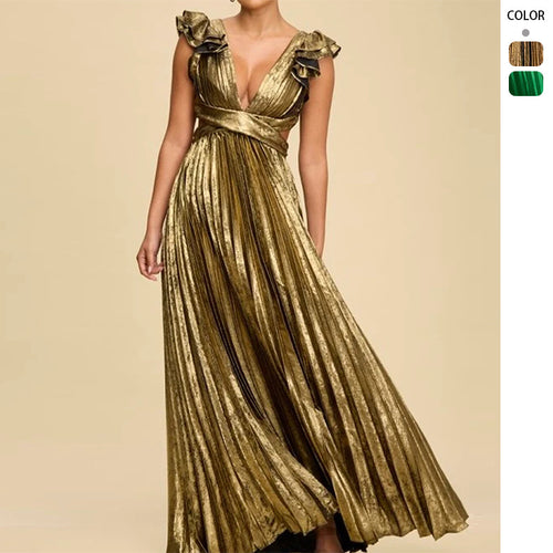 Elegant Women's Maxi Dress with Deep V Neckline and Chic Ruffle Details