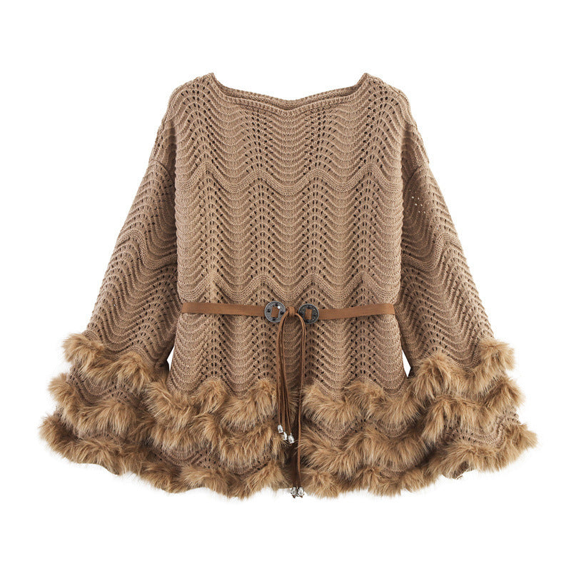 Ladies elegant cardigan with decorative belt and fur finish Lune London