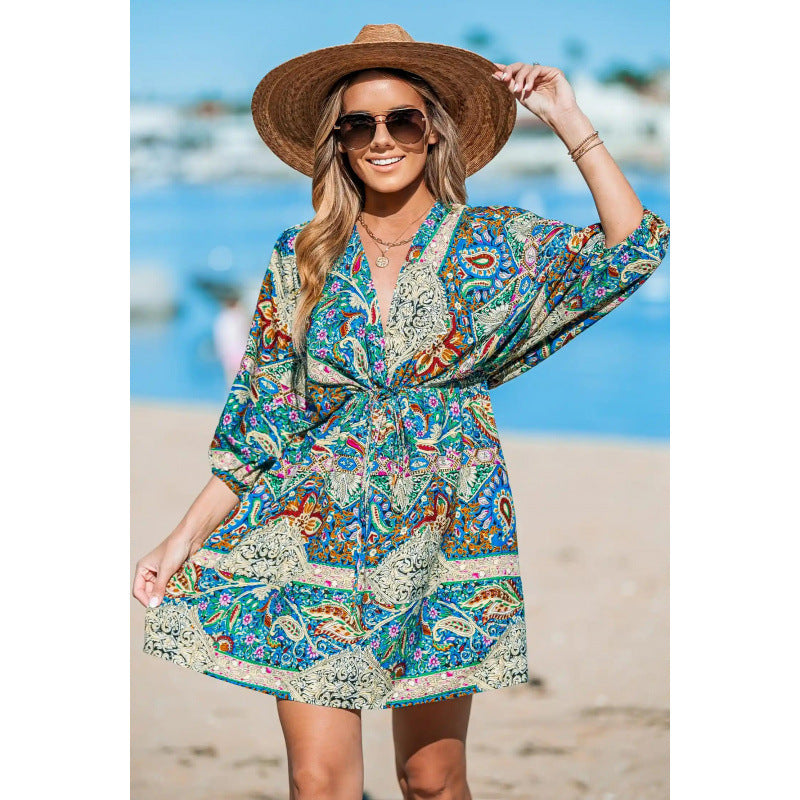 Women’s beach dress with a draped look and a trendy pattern Lune London