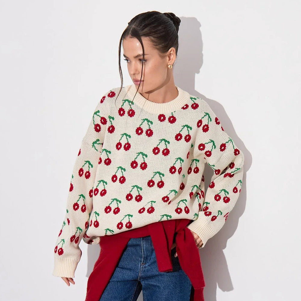 Ladies Cozy Knitted Sweater with Cherry Pattern Lune London