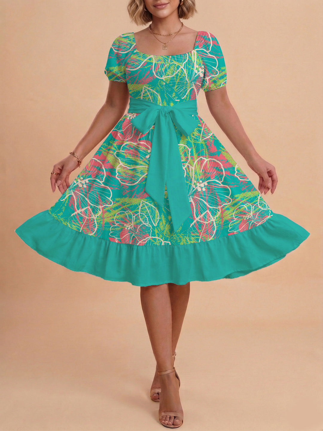Women's floral dress with adjustable belt and voluminous sleeves Lune London