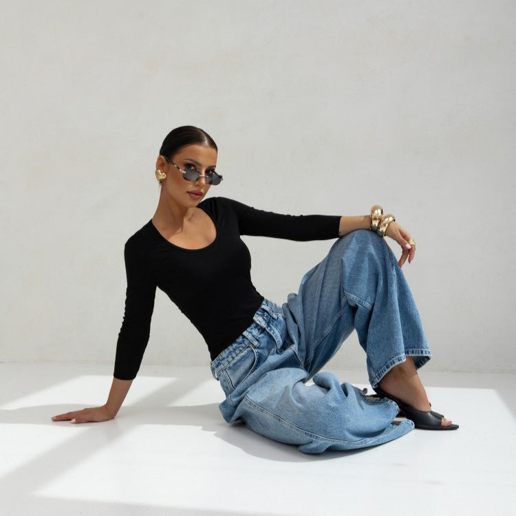Fitted long sleeve T-shirt for women with plunging neckline Lune London