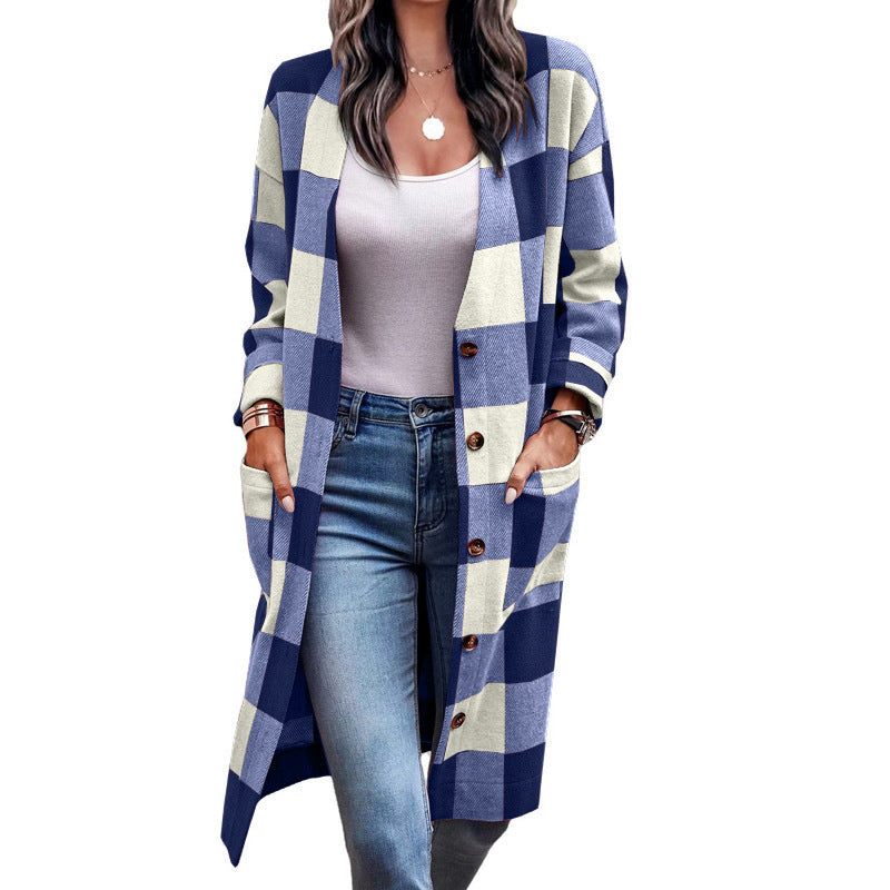 Ladies Long Checkered Coat with Pockets Lune London