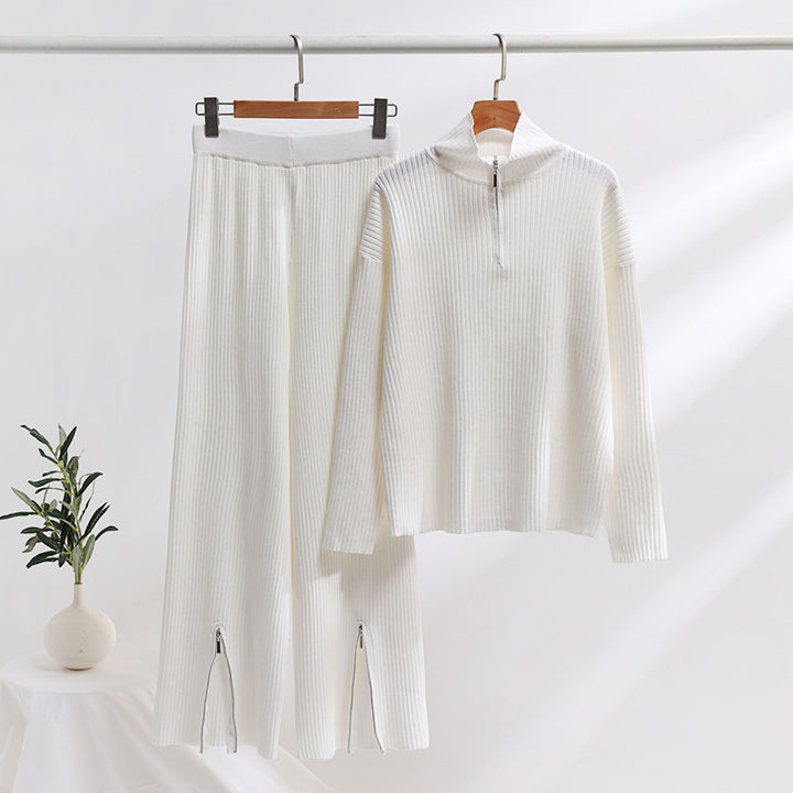 Casual knit set for women with a high collar and side slits Lune London