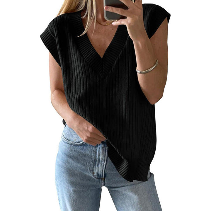 Women's Casual V-Neck Top Made of Ribbed Knit Material Lune London