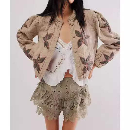 Ladies quilted jacket with floral design and elastic edges Lune London