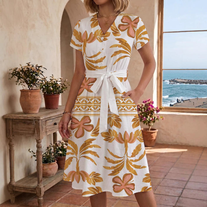 Women's Blooming Midi Dress with Adjustable Belt and Artistic Print Lune London