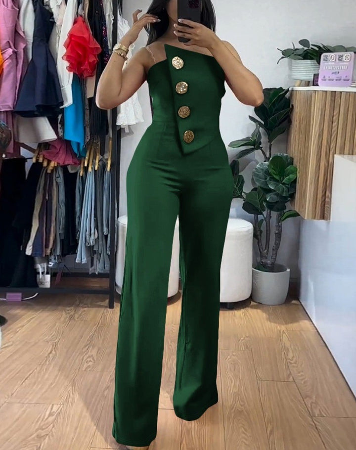 Ladies Elegant jumpsuit with off-shoulder design and decorative buttons Lune London