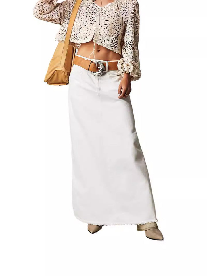 Women's Denim Maxi Skirt with High Waist and Practical Pockets Lune London