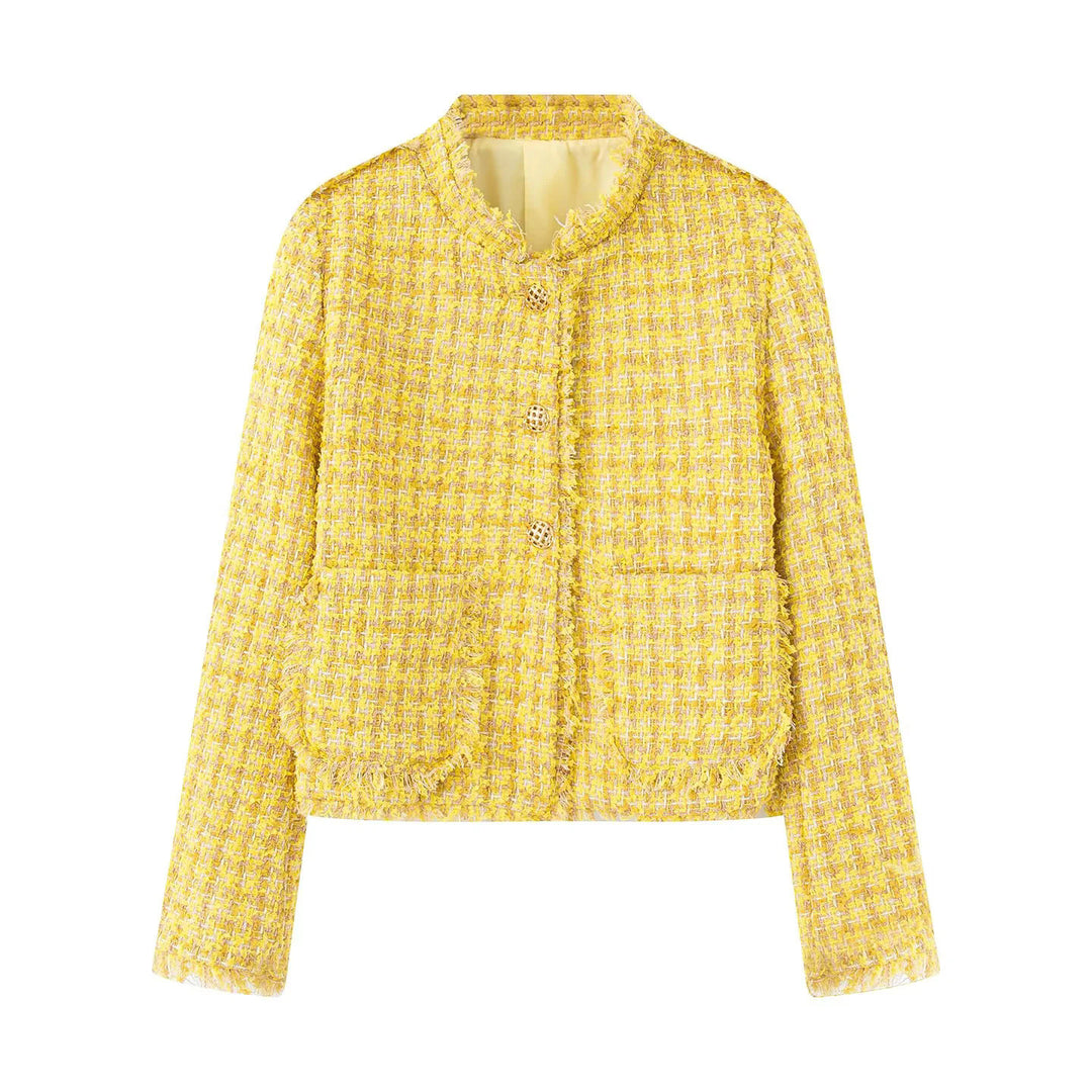 Ladies elegant short jacket in textured fabric with golden buttons Lune London