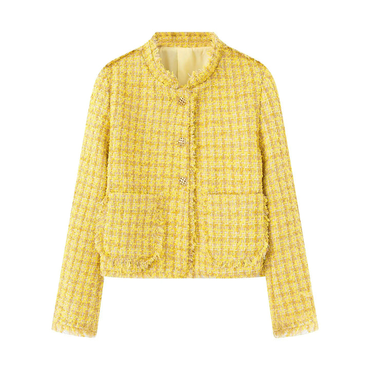 Ladies elegant short jacket in textured fabric with golden buttons Lune London