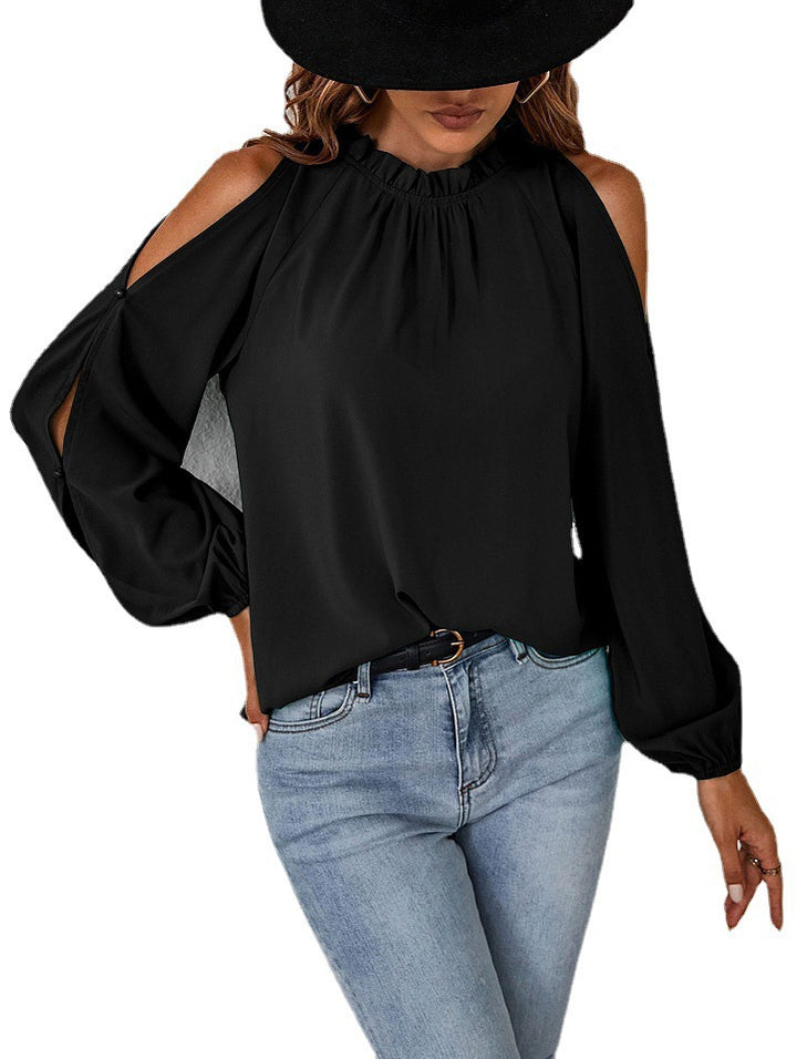 Women bardot blouse with balloon sleeves and a ruffled collar Lune London