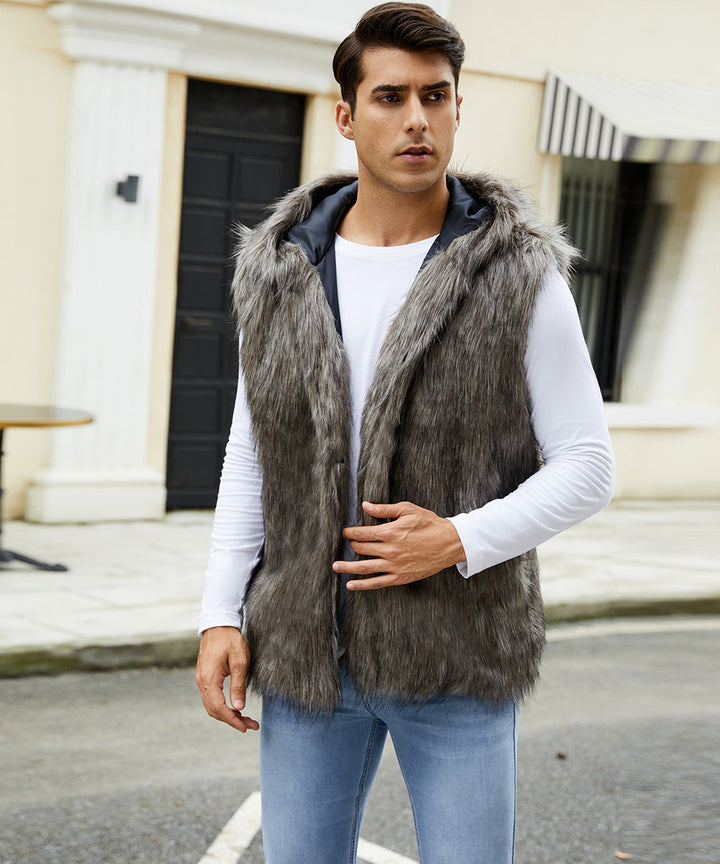Men's vest with elegant faux fur and hood Lune London