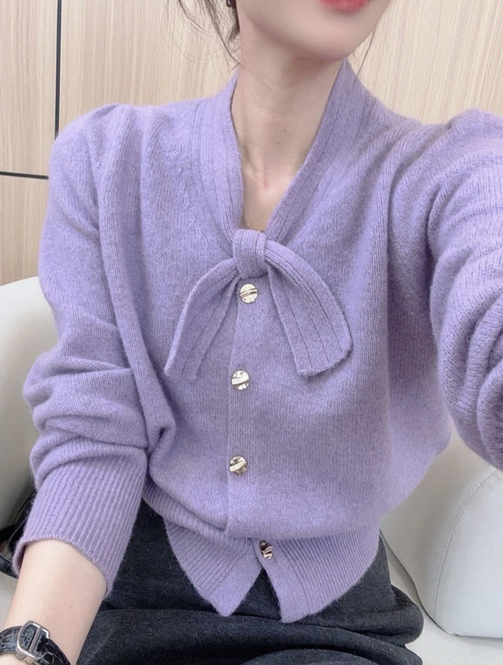 Elegant knitted jacket for women with bow accent and high-quality buttons Lune London