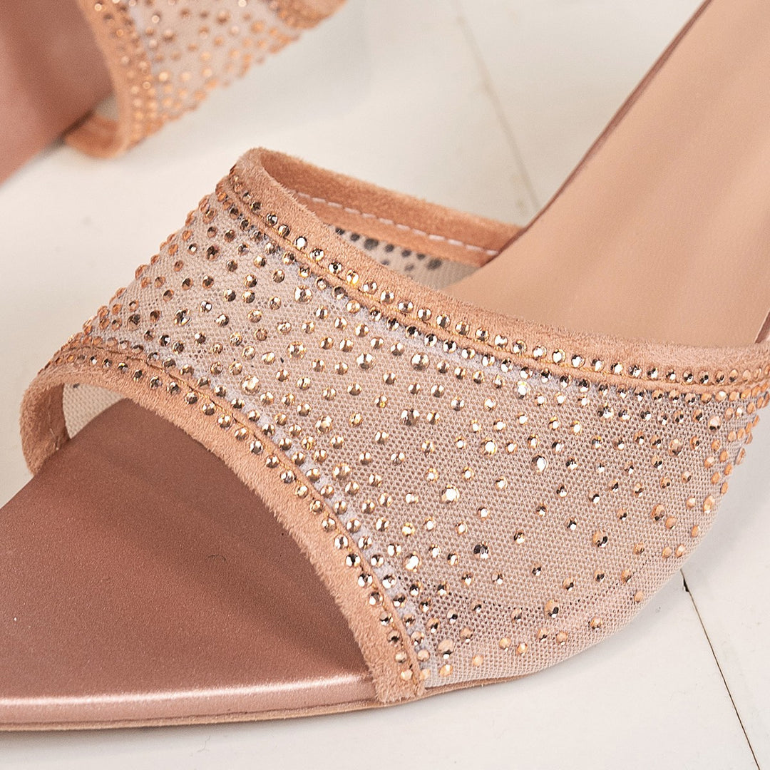 Women Glamour Mules with sparkling rhinestones and a chic and transparent upper Lune London