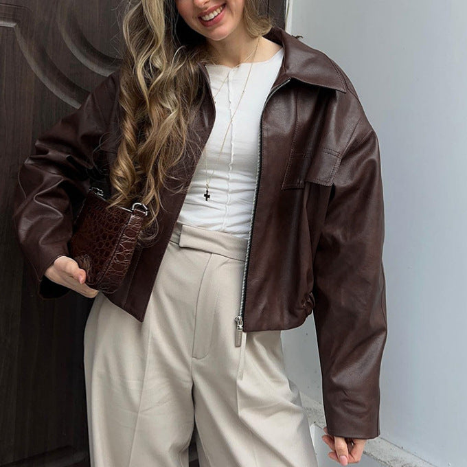 Casual faux leather jacket for women with asymmetric cut and zipper Lune London