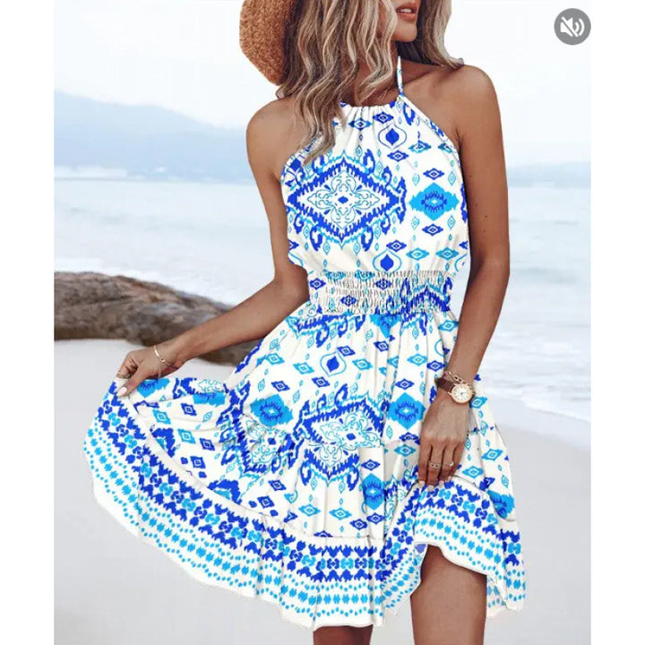 Boho halter neck dress for women with flounce skirt Lune London
