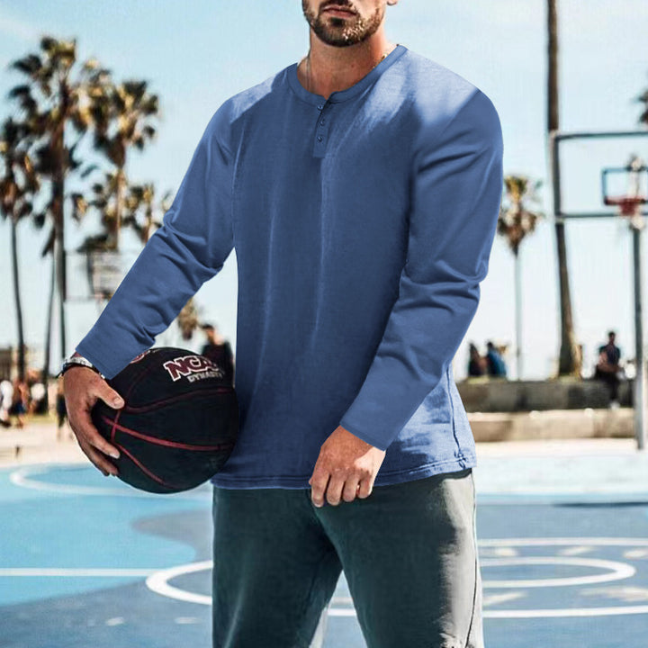 Men's long sleeve Henley shirt in textured fabric with practical button details Lune London