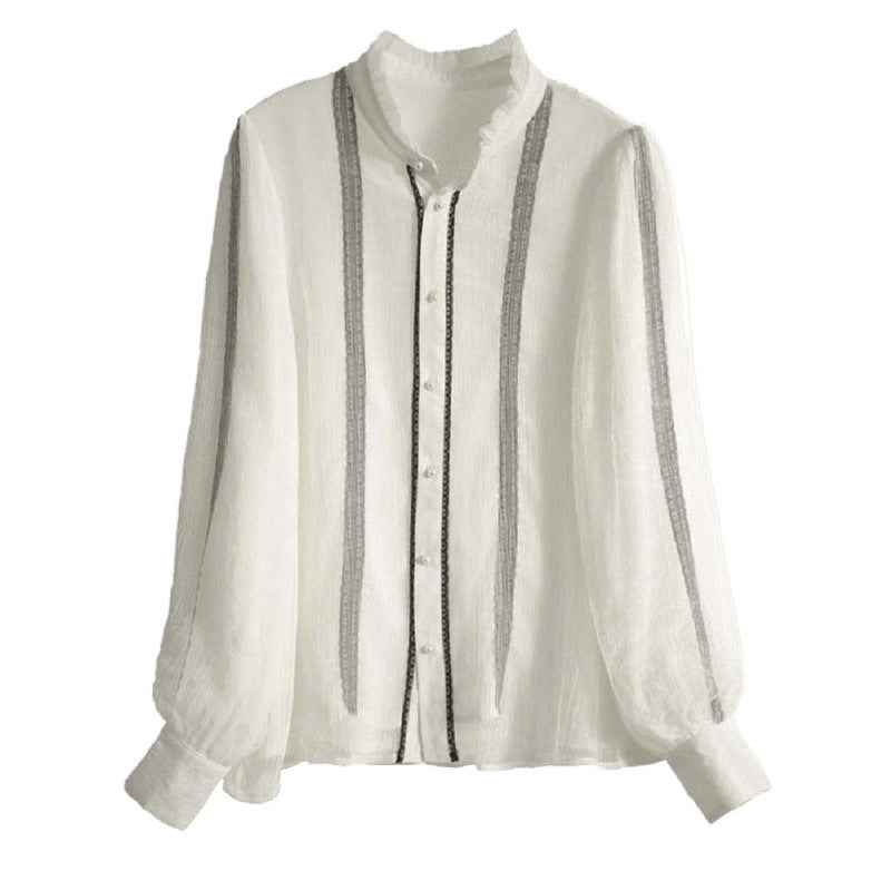 Elegant long sleeve blouse for women with ruffled collar and button details Lune London