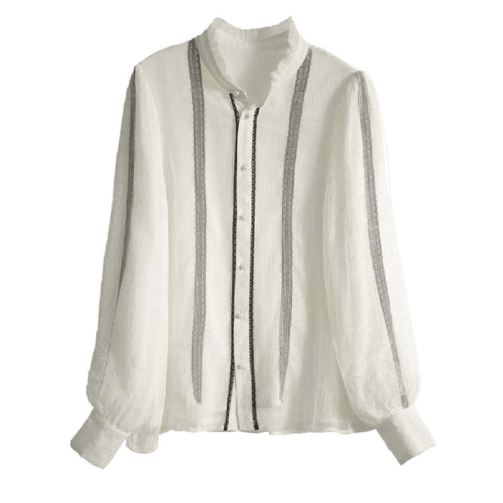 Elegant long sleeve blouse for women with ruffled collar and button details Lune London