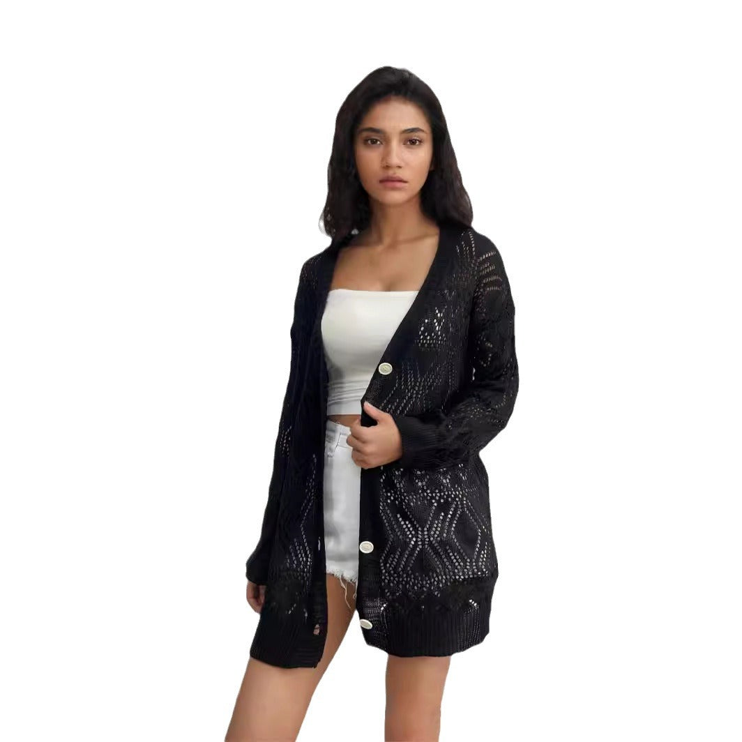 Knitted cardigan for women with airy patterns and button details Lune London